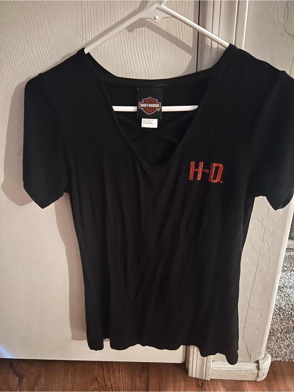 Harley-Davidson Black Short-Sleeve V-Neck Tee with orange H-D Studs